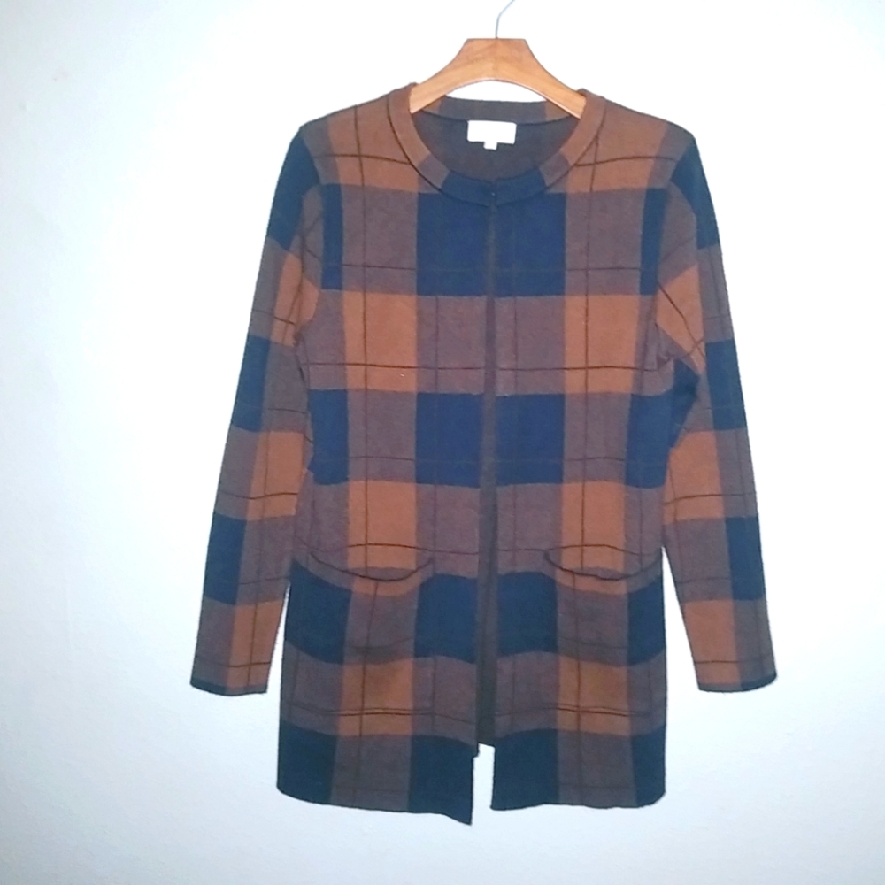 Apricot UK L Open Front Plaid Pocketed Cardigan in Darkest Navy Tan
